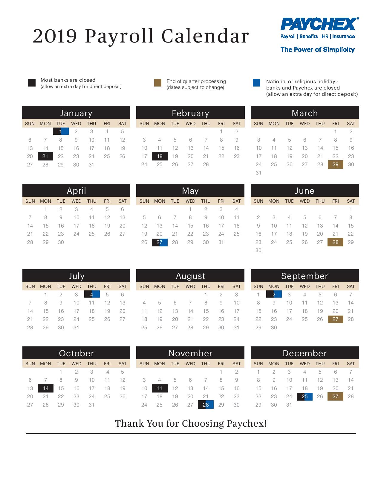 2019 payroll calendar