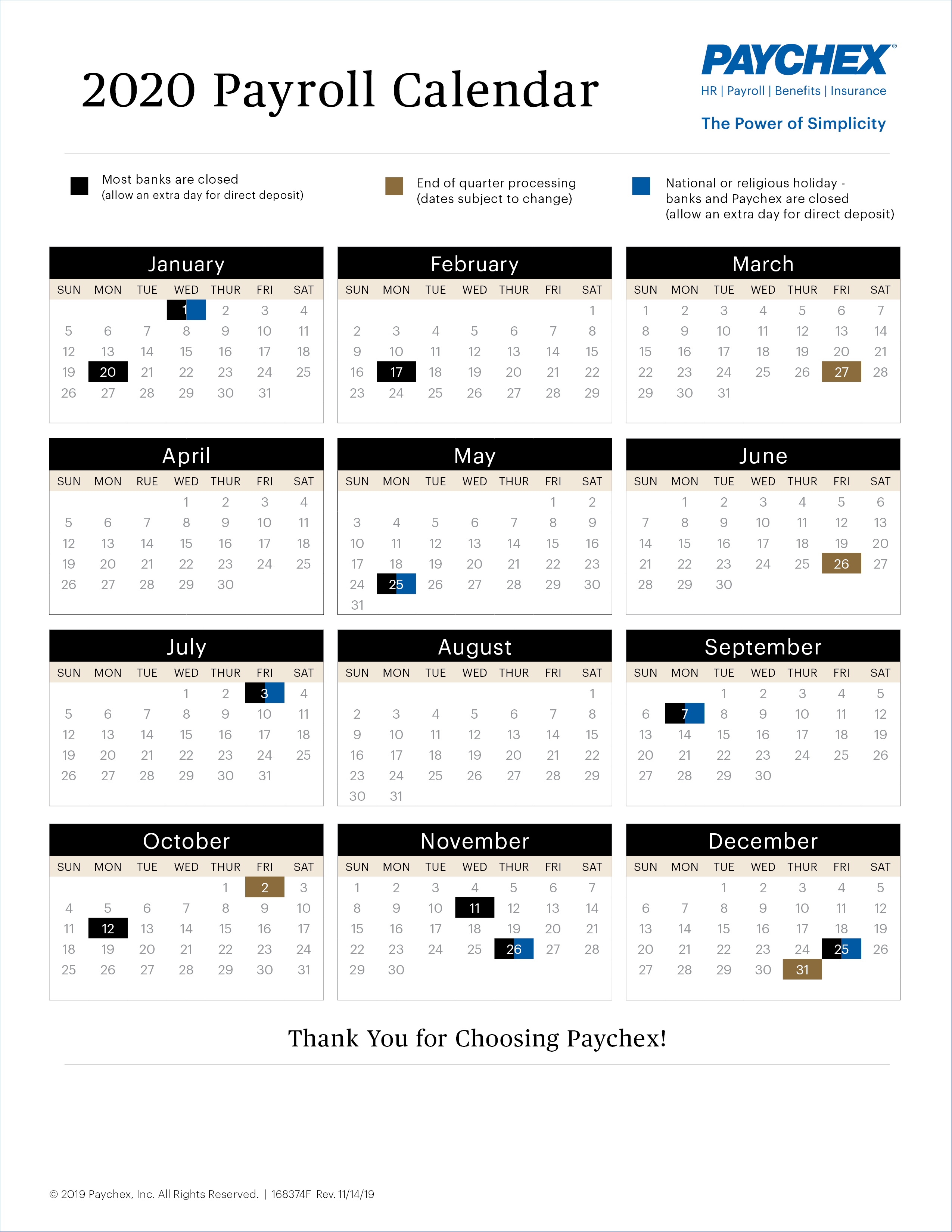 2020 Paychex Payroll Calendar
