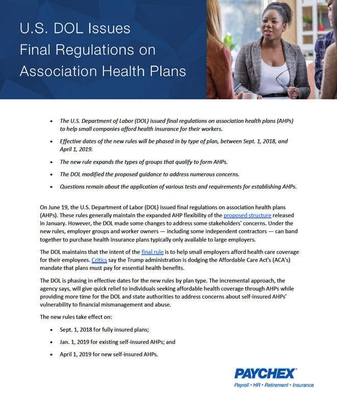 U.S. DOL Issues Final Regulations on Association Health Plans
