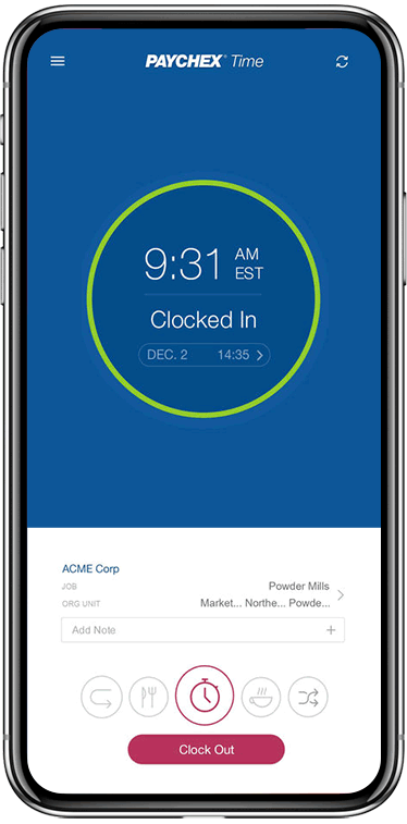 Paychex Flex Time on mobile app