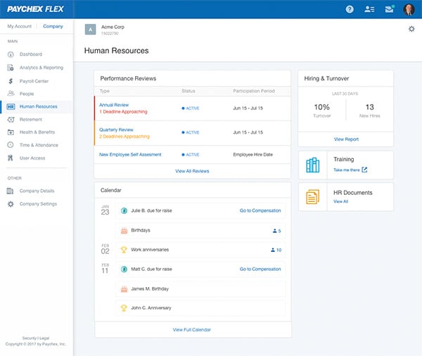 Screenshot of our HR dashboard featuring performance reviews, calendar and hiring information