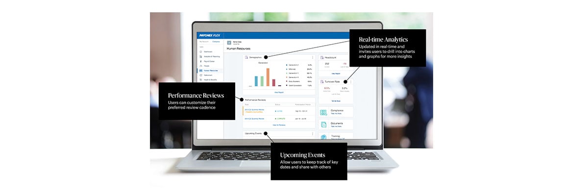 The Paychex Flex HR dashboard now features real-time analytics, performance management, and an events calendar.