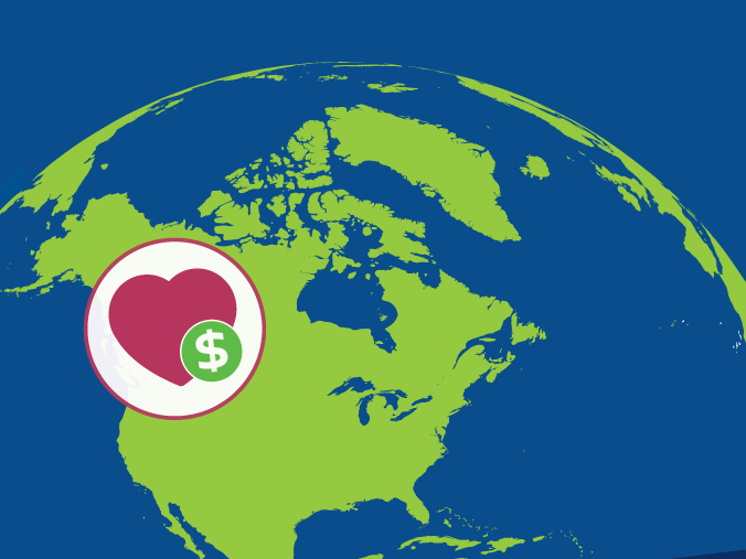 Heart icon on top of North America map