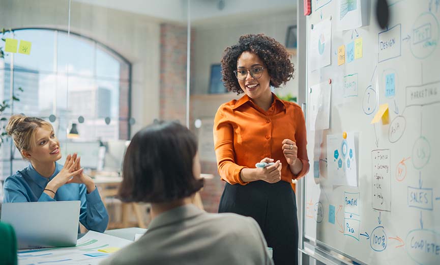 a female manager presenting different strategies to improve business efficiency