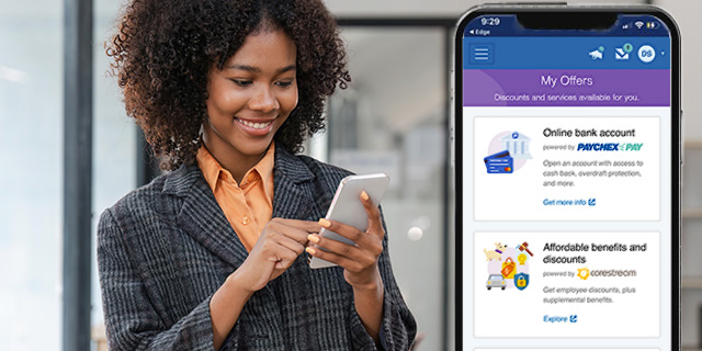 an employee using Corestream to access her benefits within the Paychex Flex mobile app