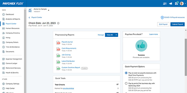 screenshot of the Paychex Pre-check feature within Paychex Flex