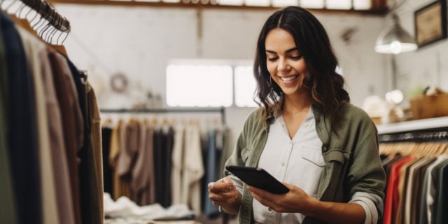 Small business owner looking at her laptop