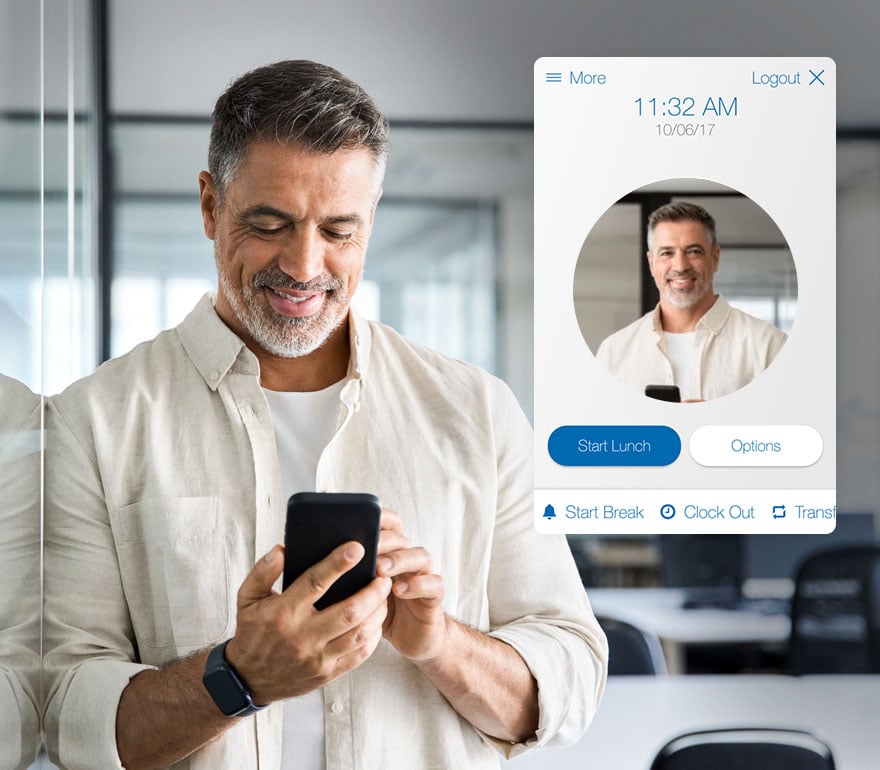 An employee using the Paychex Kiosk app for time tracking