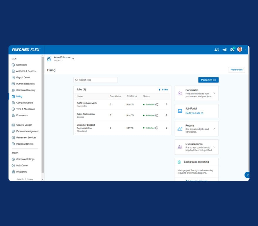 Paychex Flex Hiring dashboard