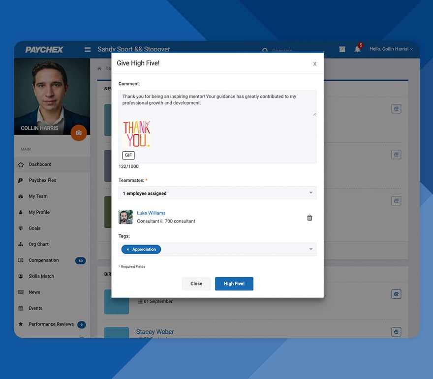 Peer recognition within Paychex's employee engagement software