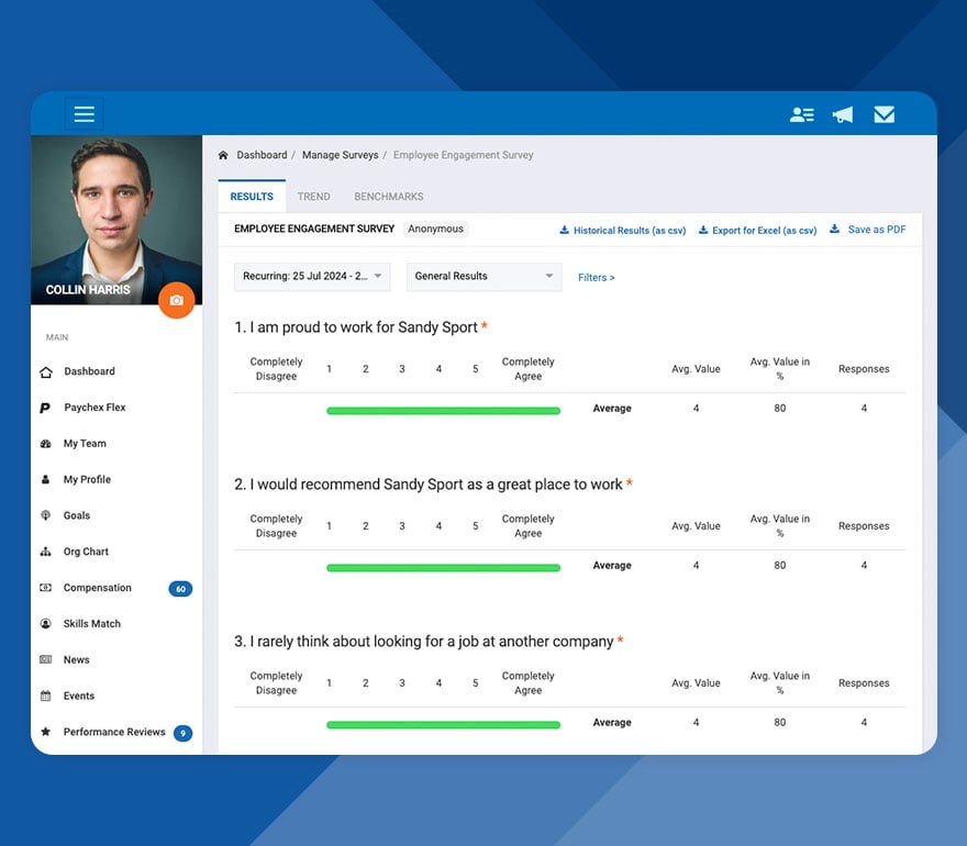 Employee surveys within Paychex's employee engagement software