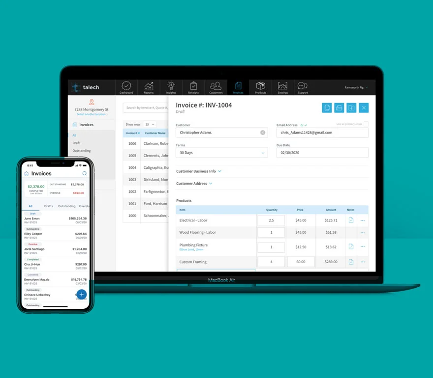 Capturas de pantalla de facturas de Talech en diferentes dispositivos