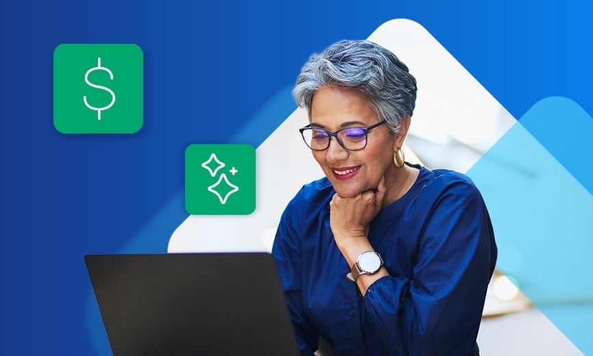 A person works on a laptop with money and sparkle icons displayed around them on a blue graphic background.