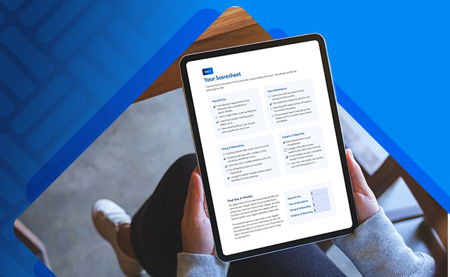 A person sits holding a tablet displaying a scoresheet page with categorized checklists, shown against a blue graphic background