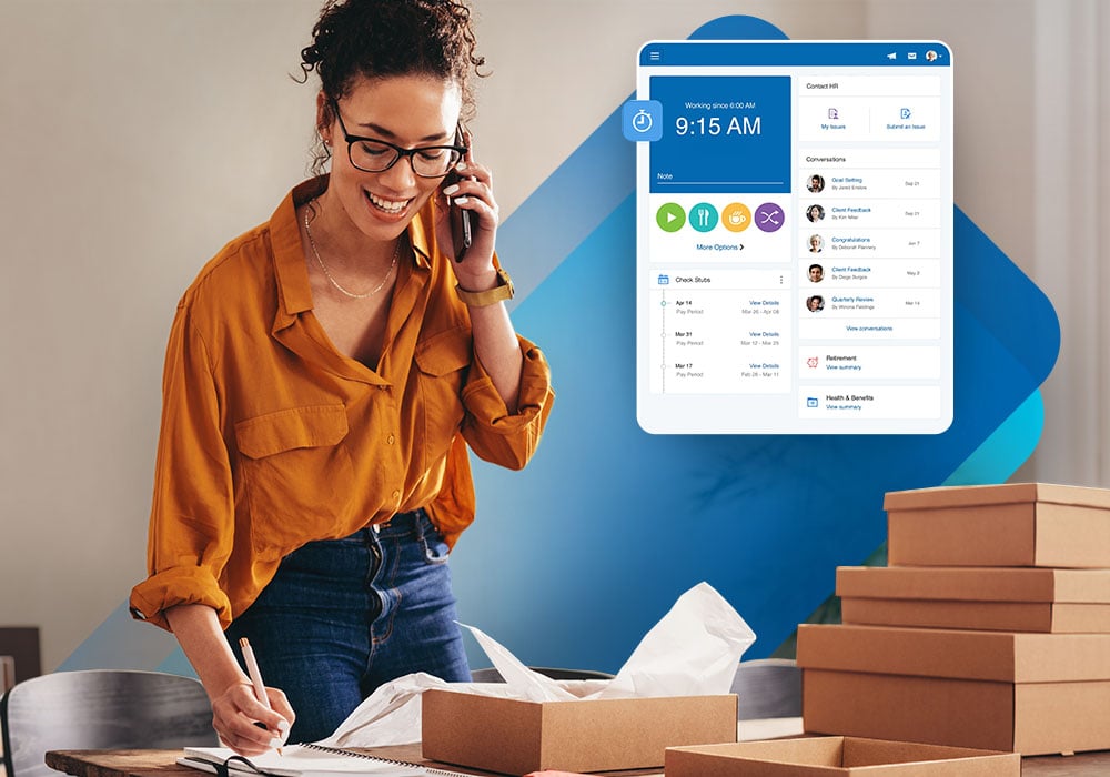 An employee using Paychex Flex to track her time and receive her paychecks