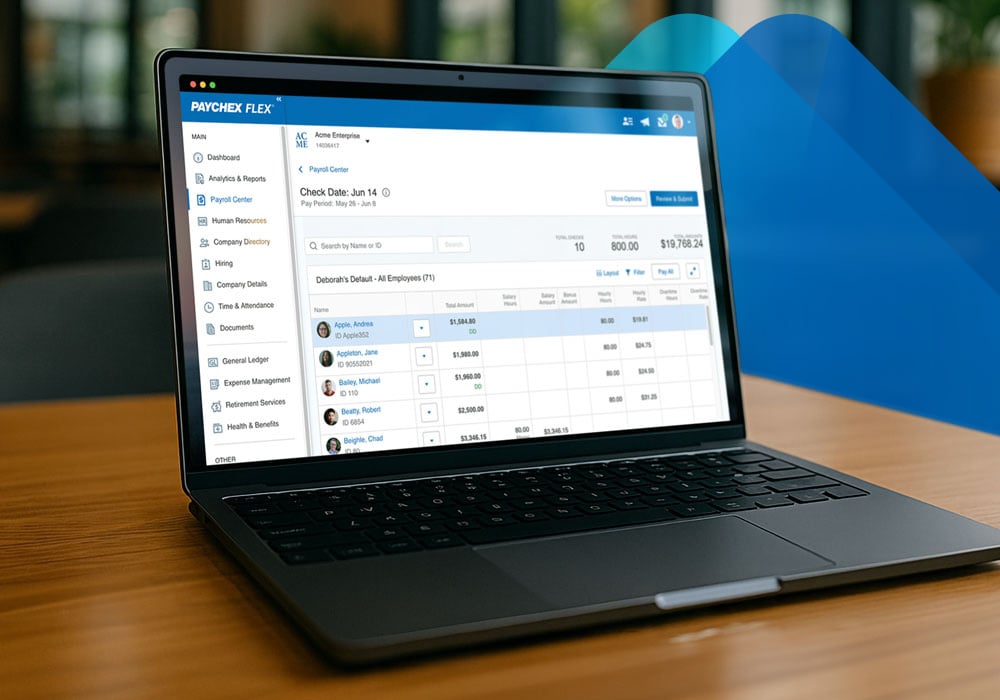 A laptop with Paychex Flex payroll center open