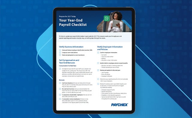 A tablet device displays the Paychex “Your Year-End Payroll Checklist” infographic against a blue abstract background, highlighting key payroll, compliance, employee information, and tax preparation tasks for year-end planning.
