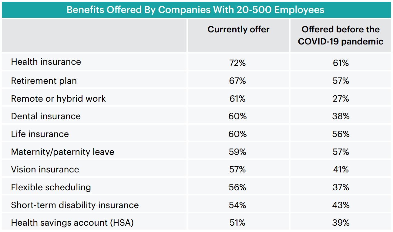 2022 benefit offerings by companies with 20-500 employees.