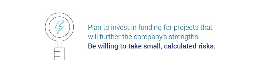 Plan to invest in funding for projects that will further the company's strengths. Be willing to take small, calculated risks