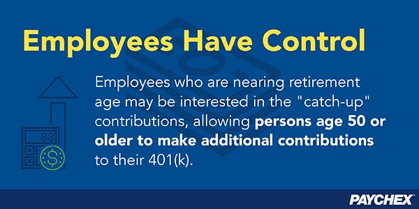 Catch-up contributions let people age 50 or older to make additional contributions to their 401(k) plan