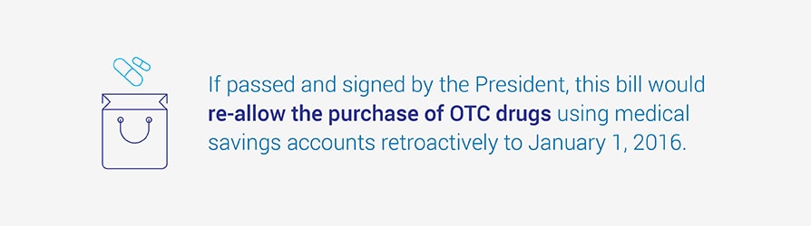 If passed and signed by the President, this bill would re-allow the purchase of OTC drugs using medical savings accounts retroactively to January 1, 2016.