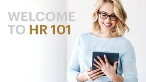 welcome to hr 101 text next to woman with tablet device