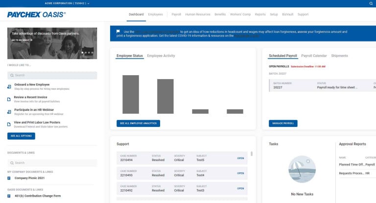 Vista previa de inicio de sesión de Paychex Oasis