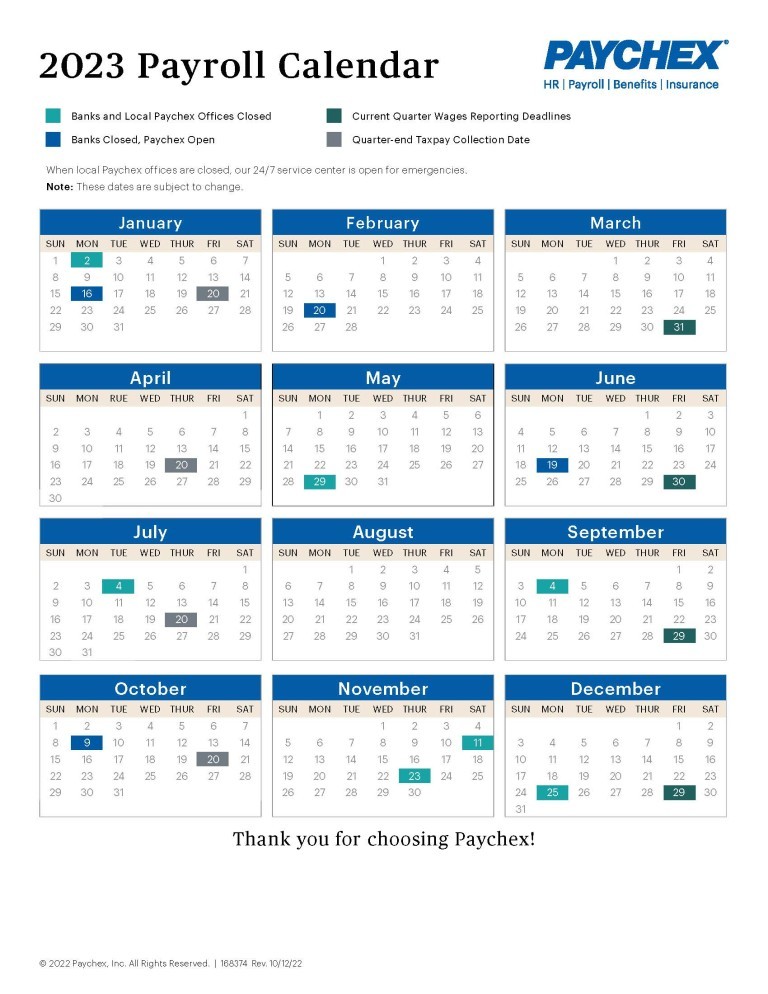 2023 payroll calendar by paychex