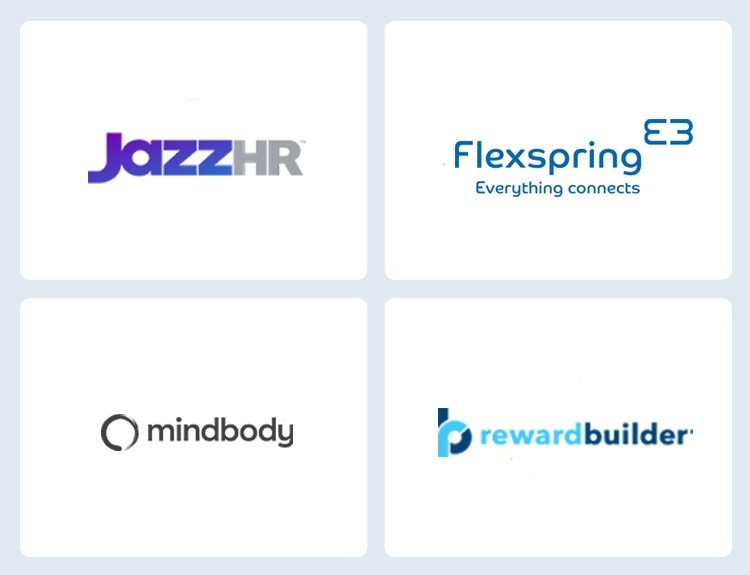 Logotipos con las integraciones de JazzHr, Flexspring, Mindbody y Reward Builder