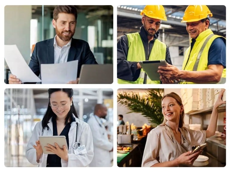 Four businesses industries: healthcare, restaurants, manufacturing, and professional services