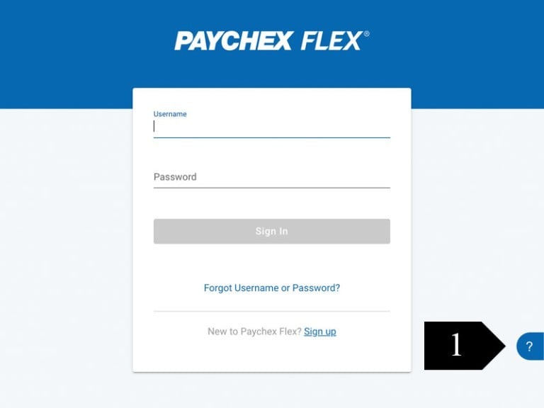 Click the question mark icon to open the support section of Paychex Flex