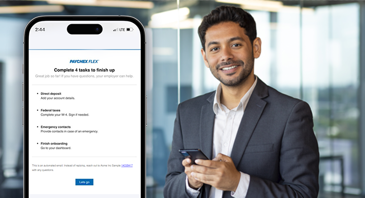 new employee with onboarding screen on cellphone