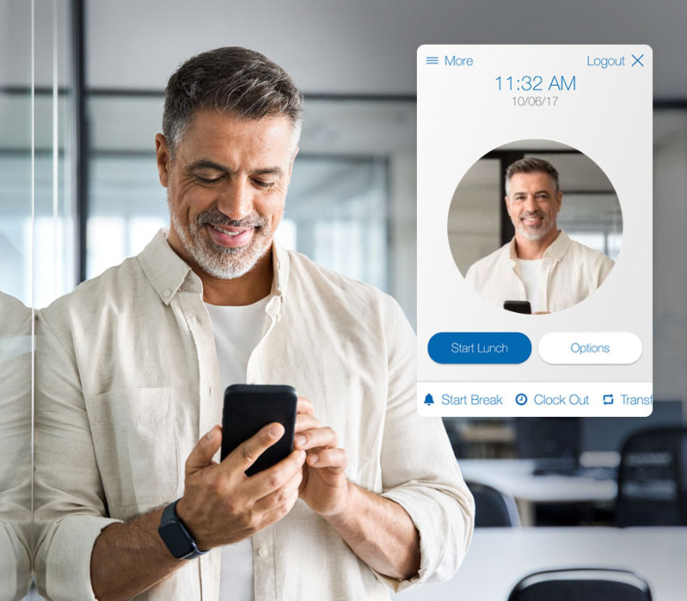 An employee using the Paychex Kiosk app for time tracking