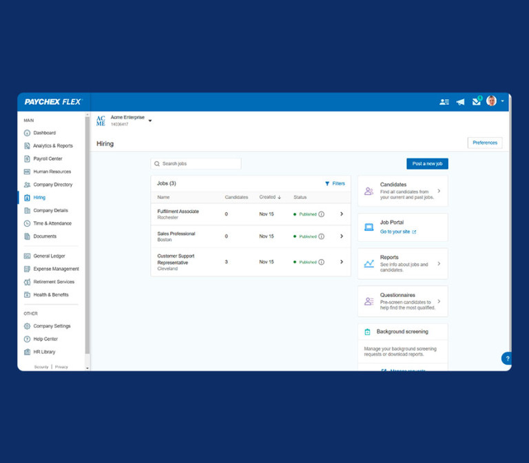 Paychex Flex Hiring dashboard