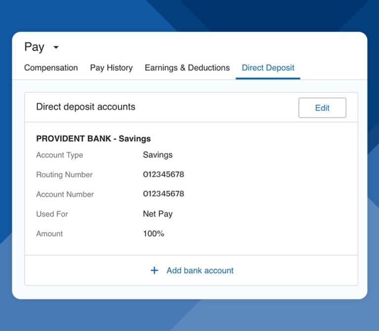 Direct deposit information for an employee