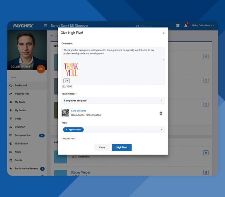 Peer recognition within Paychex's employee engagement software