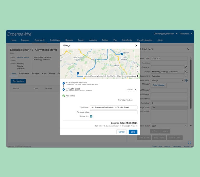 Screenshot of expense wire