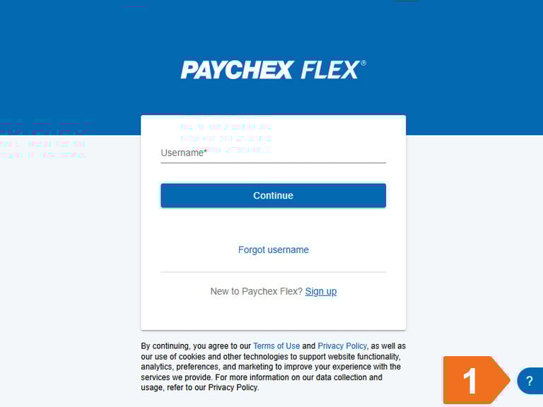 Pantalla de inicio de sesión de Paychex Flex que muestra un campo de nombre de usuario, un botón azul “Continuar”, enlaces para recuperar el nombre de usuario o registrarse, y texto legal sobre los términos de uso y la privacidad.