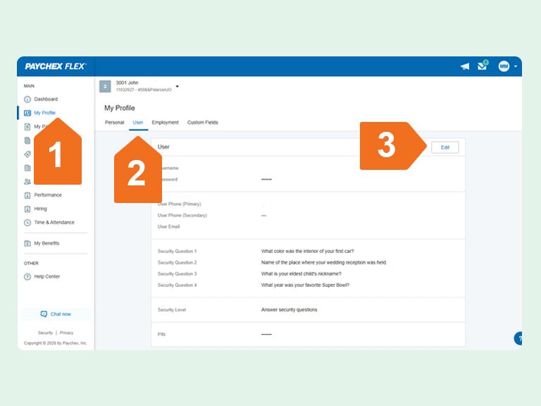 Pantalla de configuración de usuario “Mi perfil” de Paychex Flex que muestra un menú de navegación a la izquierda, la pestaña User con los detalles de la cuenta y las preguntas de seguridad, y un botón Edit resaltado con indicadores numerados.