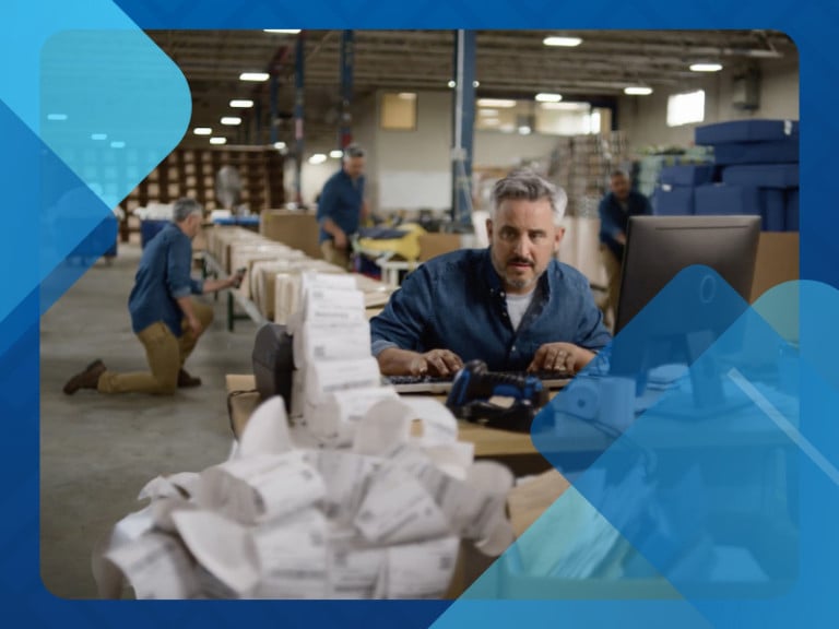 A business owner with clones of himself doing different tasks in the background