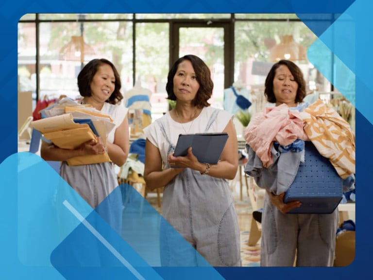 A business owner with clones of herself doing different tasks in the background