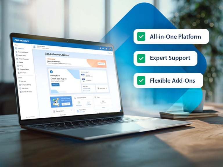 A laptop showing Paychex Flex featuring callouts that mention our all-in-one platform, expert support, and flexible add-ons