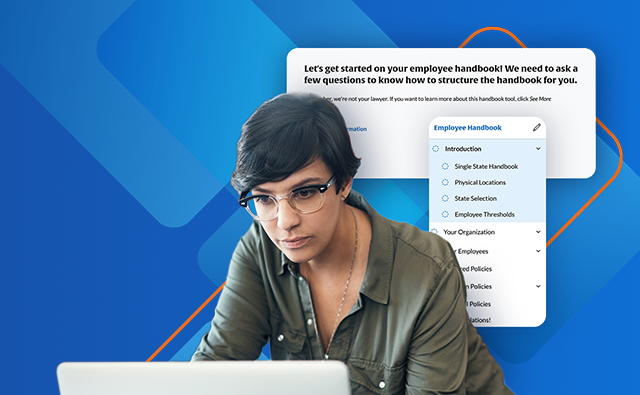 erson working on a laptop in front of an employee handbook setup interface, illustrating a guided process for creating and managing company handbook policies.
