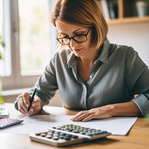 a woman calculating an employee's compensation