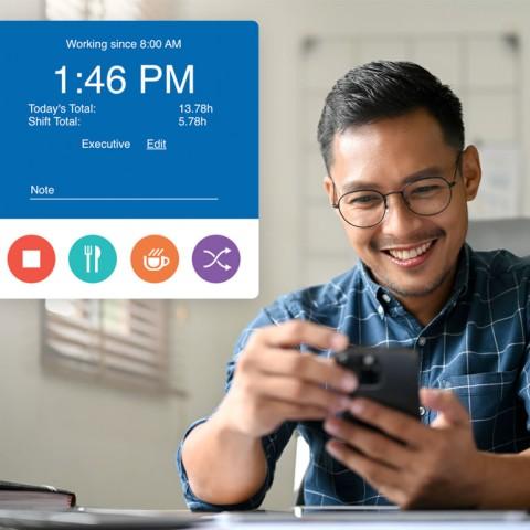 An employee tracking time on his phone