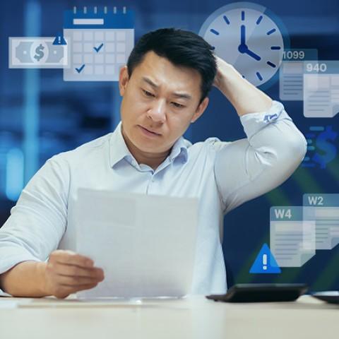man with hand in his head acting concern while looking at some papers