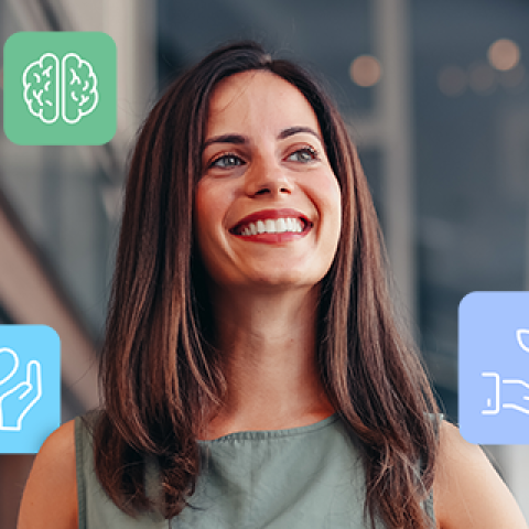 A smiling woman standing in a bright modern office hallway is surrounded by floating icons representing mental health, care, and personal growth.