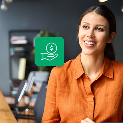 A smiling professional woman in a modern office setting looks off-camera while a green icon of a hand holding a dollar symbol appears beside her, suggesting payroll or financial deductions.