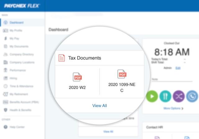 una captura de pantalla de los documentos de W2 en el portal de Paychex Flex