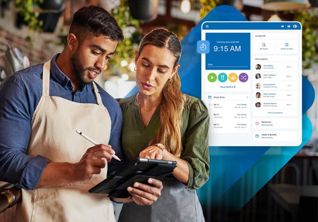 Employees using Paychex Flex to track their time and receive their paychecks
